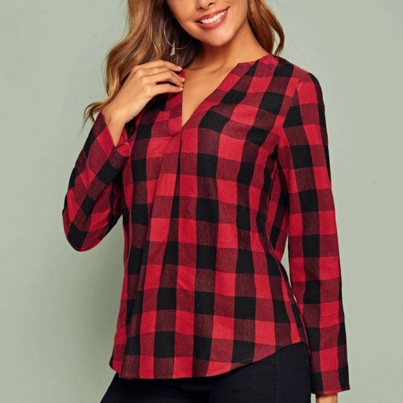 Buffalo plaid notched v neck roll tab long sleeve shirt top red black - Picture 2 of 6